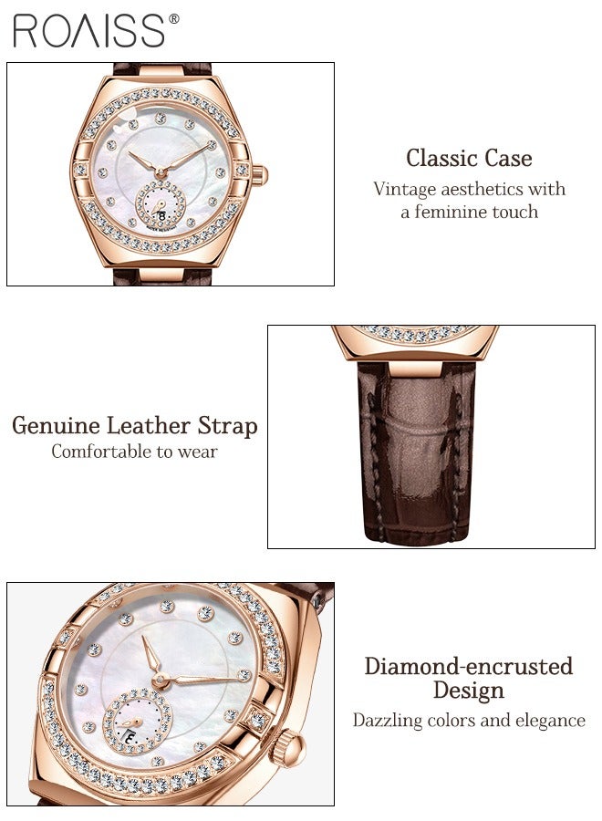 رويس ساعة كوارتز أنيقة للنساء بحزام من الجلد، وشاشة عرض تناظرية وقرص على شكل برميل مع زخرفة من الزركون، ساعة يد فاخرة مضيئة ومقاومة للماء، كهدية للسيدات - Image 5