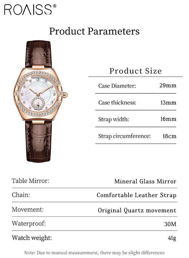 رويس ساعة كوارتز أنيقة للنساء بحزام من الجلد، وشاشة عرض تناظرية وقرص على شكل برميل مع زخرفة من الزركون، ساعة يد فاخرة مضيئة ومقاومة للماء، كهدية للسيدات - Image 4