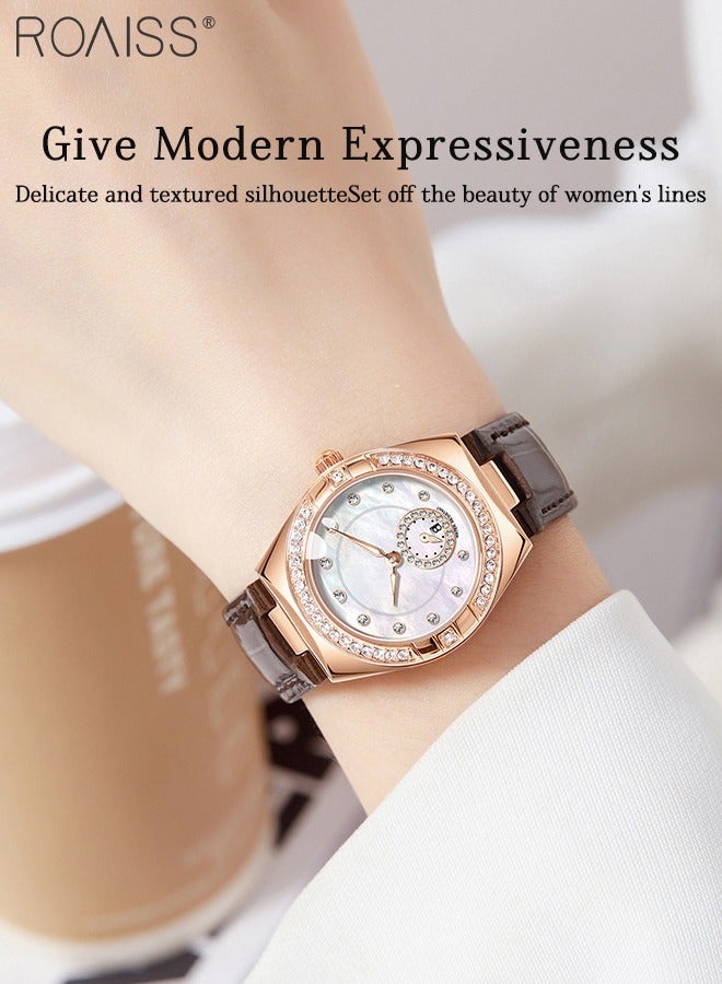 رويس ساعة كوارتز أنيقة للنساء بحزام من الجلد، وشاشة عرض تناظرية وقرص على شكل برميل مع زخرفة من الزركون، ساعة يد فاخرة مضيئة ومقاومة للماء، كهدية للسيدات - Image 3