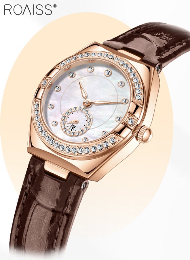 رويس ساعة كوارتز أنيقة للنساء بحزام من الجلد، وشاشة عرض تناظرية وقرص على شكل برميل مع زخرفة من الزركون، ساعة يد فاخرة مضيئة ومقاومة للماء، كهدية للسيدات - Image 2