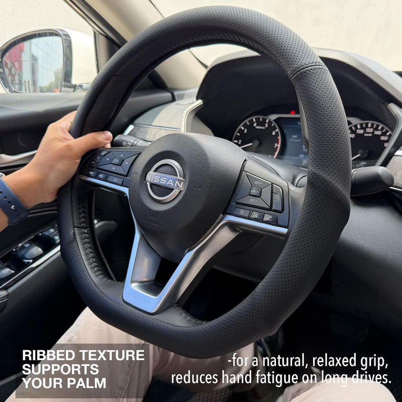 PINCTROT D Shaped Nappa Leather Steering Wheel Cover with Ergonomic Palm Support Grip, Full Perforated Breathable, Slim Fit No Bulk Design, Flat Bottom 14.5-15 Inch (Black) - Image 2