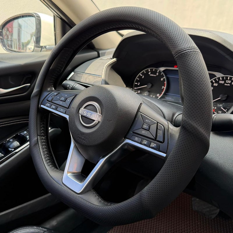 PINCTROT D Shaped Nappa Leather Steering Wheel Cover with Ergonomic Palm Support Grip, Full Perforated Breathable, Slim Fit No Bulk Design, Flat Bottom 14.5-15 Inch (Black) - Image 1