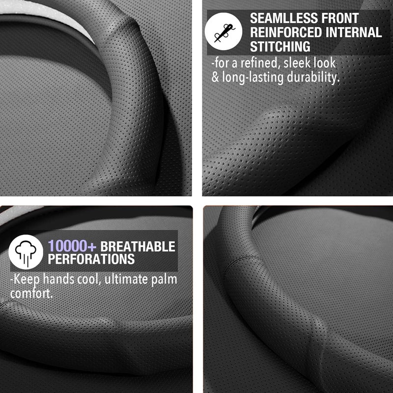 PINCTROT D Shaped Nappa Leather Steering Wheel Cover with Ergonomic Palm Support Grip, Full Perforated Breathable, Slim Fit No Bulk Design, Flat Bottom 14.5-15 Inch (Black) - Image 4