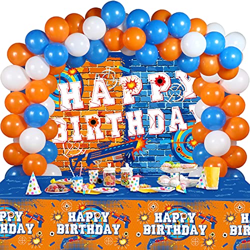 Irenare 62 Pcs Dart Battle Party Decorations Happy Birthday Supplies with Gun Theme Banner Tablecloth Balloons for Kids - Image 1