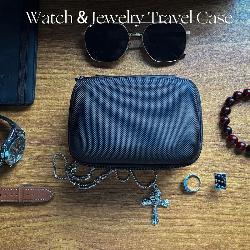 RIGICASE 2 slots Watch travel case, with accessories compartment for rings cufflinks watch band, Hard Portable Watch box holder Organizer with soft pillow fit up to 55mm | custom insert for rings,necklace,braclet, anti-move watch pillow, hardshell and drable 1680d fabric. - Image 2