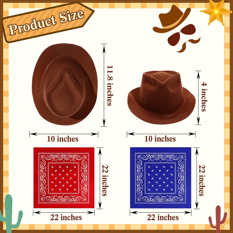 Haysandy 24 Pieces Western Cowboy Hat Set Felt Cowboy Themed Party Hats with Paisley Bandanas for Kids Costume PartyBrown Red Blue - Image 3