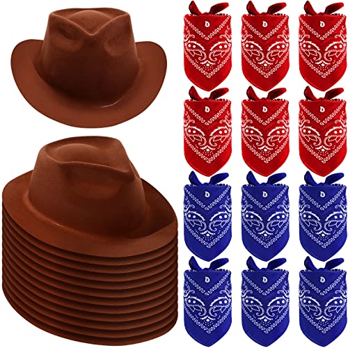 Haysandy 24 Pieces Western Cowboy Hat Set Felt Cowboy Themed Party Hats with Paisley Bandanas for Kids Costume PartyBrown Red Blue - Image 1