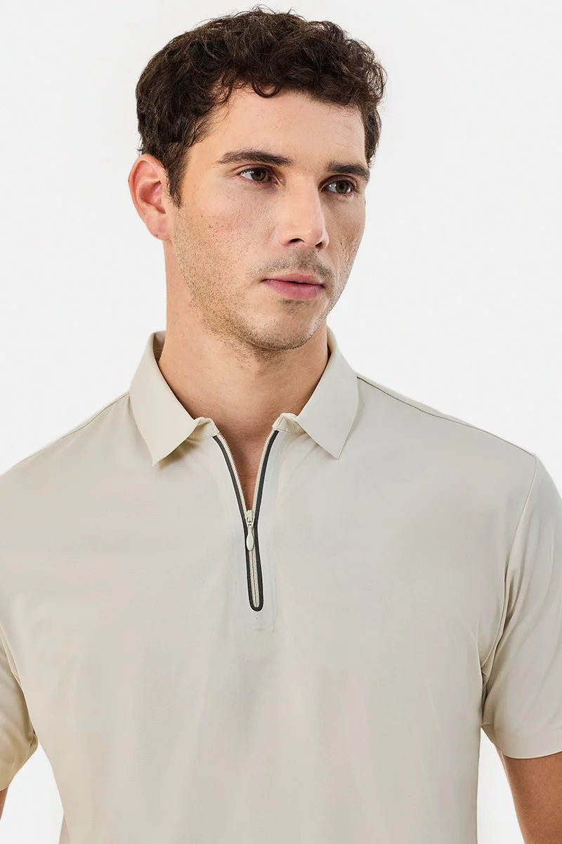 SNITCH Beige Solid Half Sleeve Regular Fit T-Shirt