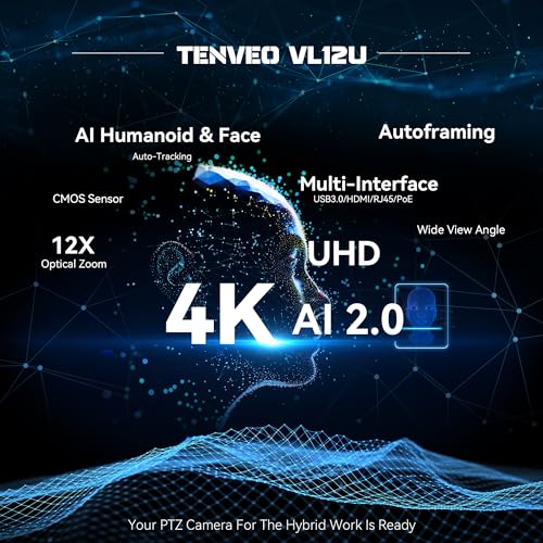 Tenveo 4K PTZ Camera AI Auto Tracking 12X Optical Zoom Wide View Angle USB3.0/HDMI/RJ45/PoE Live Streaming Camera for Church Video Conference Broadcast Zoom Skype Teams, Red Dot Design Winner - Image 2