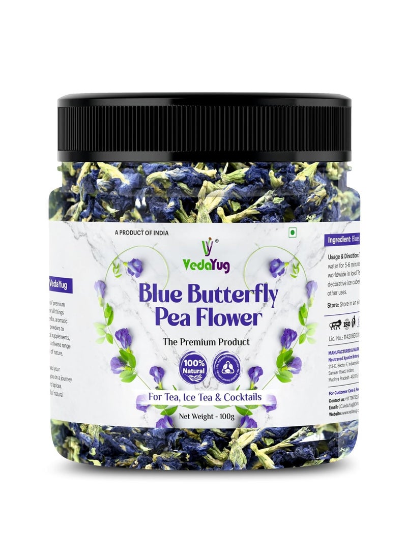 VY VedaYug Blue Butterfly Pea Flower Tea 100 Gram | Making ICE and Herbal Tea with ANTI-OXIDANT, Caffeine Free | Natural Colourant | Use with Green Tea - 100g - Image 1