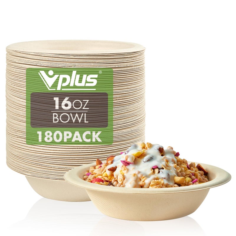 Vplus 180 Pack 16 OZ Paper Bowls Disposable Compostable Bulk Ecofriendly Bagasse Heavyduty Bowls Perfect for Milk Cereals Snacks Salads