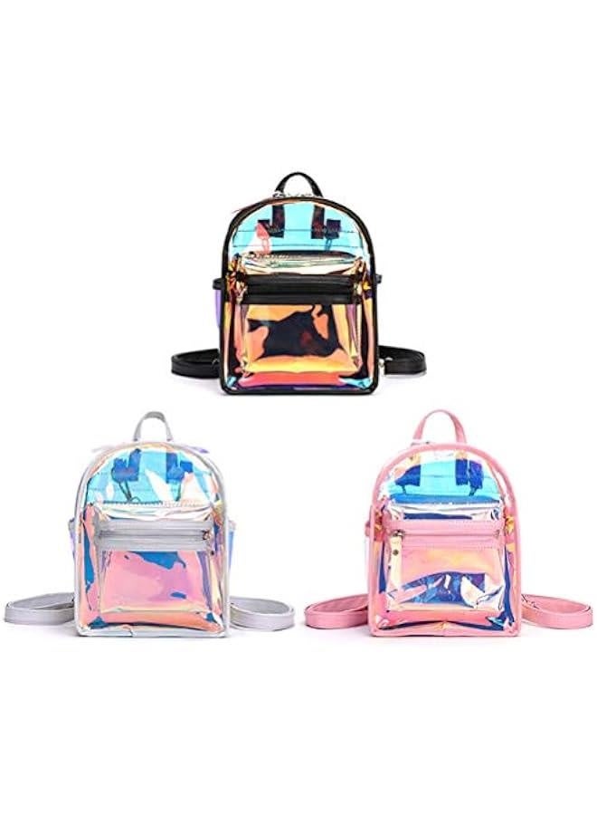 Holographic Transparent Backpack Women PVC Hologram Mini Backpack Clear Shoulder Bag Daily Backpack, Pink  - Image 2