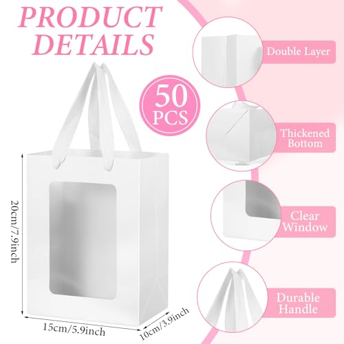 Tobeelec 50 Pcs Paper Gift Bag with Transparent Window, 7.9 x 5.9 x 3.9 Inch White Paper Gift Bags with Handles for Bridal Christmas Mothering Birthday Shower Festivals Party Supplies (White) - Image 3