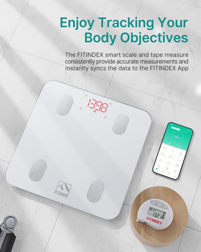 فيتينديكس ميزان FITINDEX الذكي وشريط القياس، ميزان حمام رقمي وشريط قياس الجسم لمزامنة التطبيق، آلة وزن بلوتوث، محلل تكوين الجسم، للعناية الصحية - Image 2