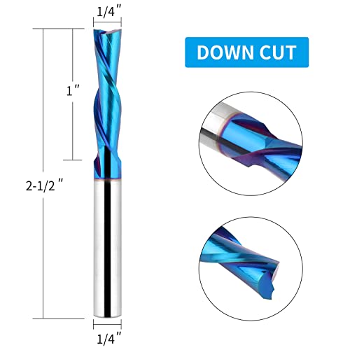 EANOSIC 5PCS Downcut Spiral Router Bits 1/4 inch Shank, 1/4 inch Cutting Diameter Solid Carbide with Nano Blue Coating CNC Router Bits End Mill for Wood Cut, Carving - Image 3