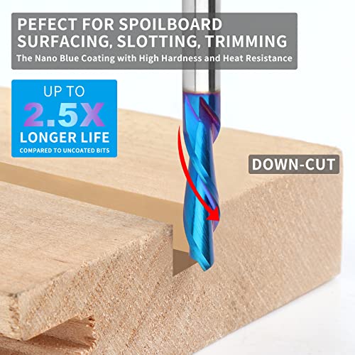 EANOSIC 5PCS Downcut Spiral Router Bits 1/4 inch Shank, 1/4 inch Cutting Diameter Solid Carbide with Nano Blue Coating CNC Router Bits End Mill for Wood Cut, Carving - Image 2