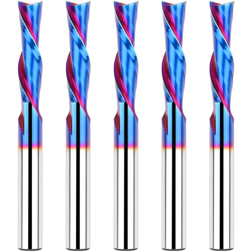 EANOSIC 5PCS Downcut Spiral Router Bits 1/4 inch Shank, 1/4 inch Cutting Diameter Solid Carbide with Nano Blue Coating CNC Router Bits End Mill for Wood Cut, Carving - Image 1