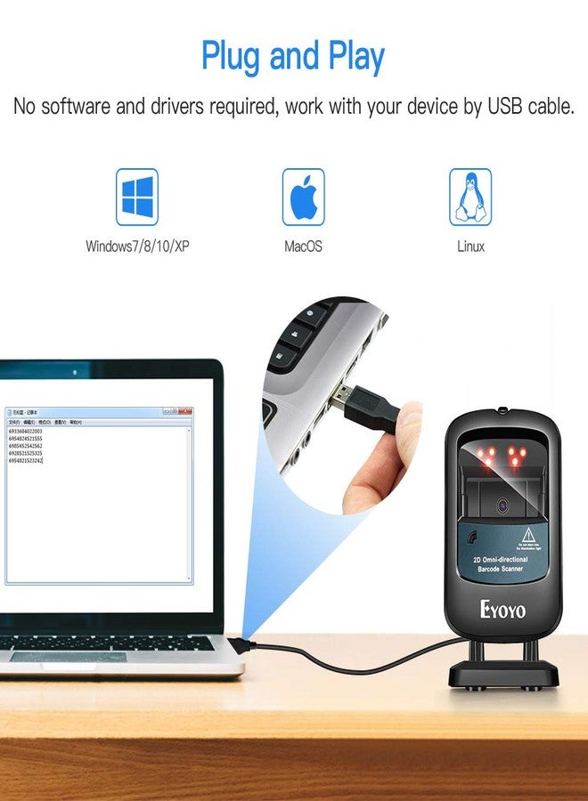 Eyoyo 2D Hands-Free Barcode Scanner, Omnidirectional USB Wired Desktop Barcode Reader 1D 2D PDF417 Data Matrix Bar Code Reader with Automatically Scanning for Retail Store Supermarket Mall Business - Image 3