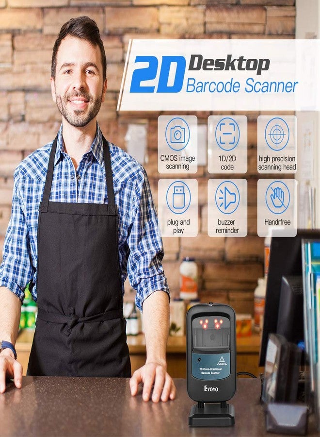 Eyoyo 2D Hands-Free Barcode Scanner, Omnidirectional USB Wired Desktop Barcode Reader 1D 2D PDF417 Data Matrix Bar Code Reader with Automatically Scanning for Retail Store Supermarket Mall Business - Image 2