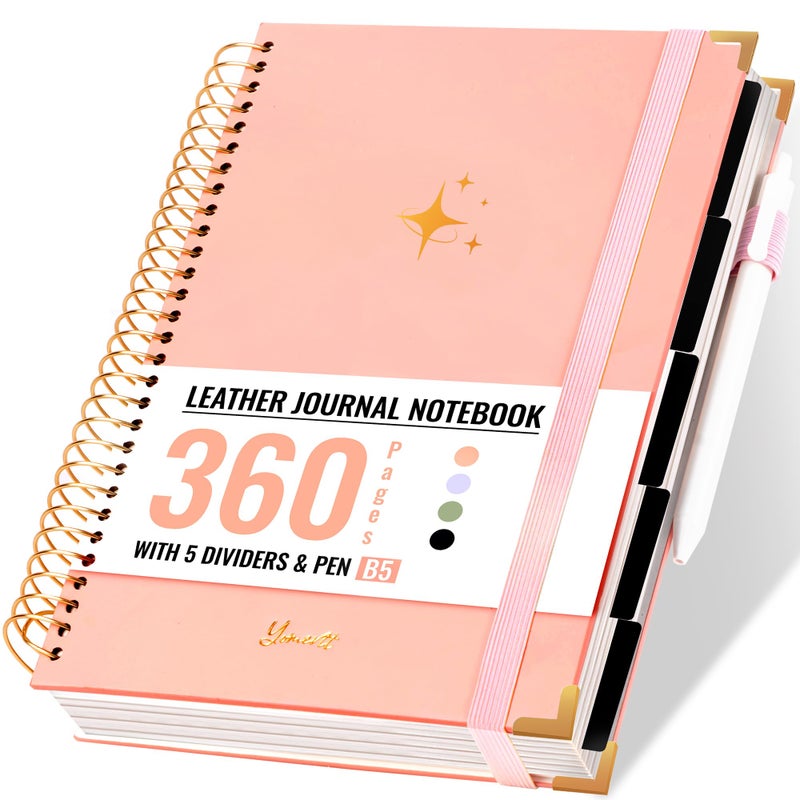 Yoment Thick 360 Pages Spiral Notebook Journal for Women with Pen, B5 Leather 5 Subject Hardcover College Ruled Note Book, Journaling Notebooks for Writing Work School, Pink - Image 1