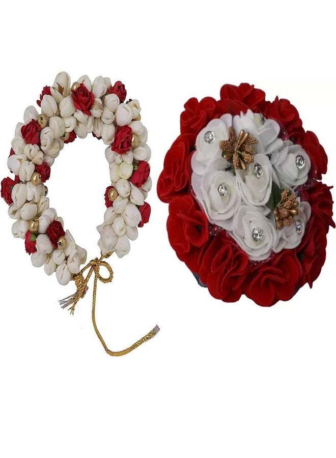 AROOMAN Hair Bun Combo Mogra Artificial Gajra & Full juda Bun for Women in White and Red Pack-02 - Image 1