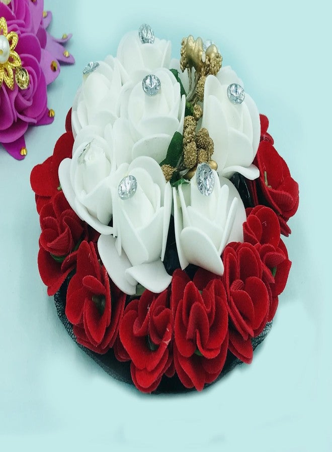 AROOMAN Hair Bun Combo Mogra Artificial Gajra & Full juda Bun for Women in White and Red Pack-02 - Image 5