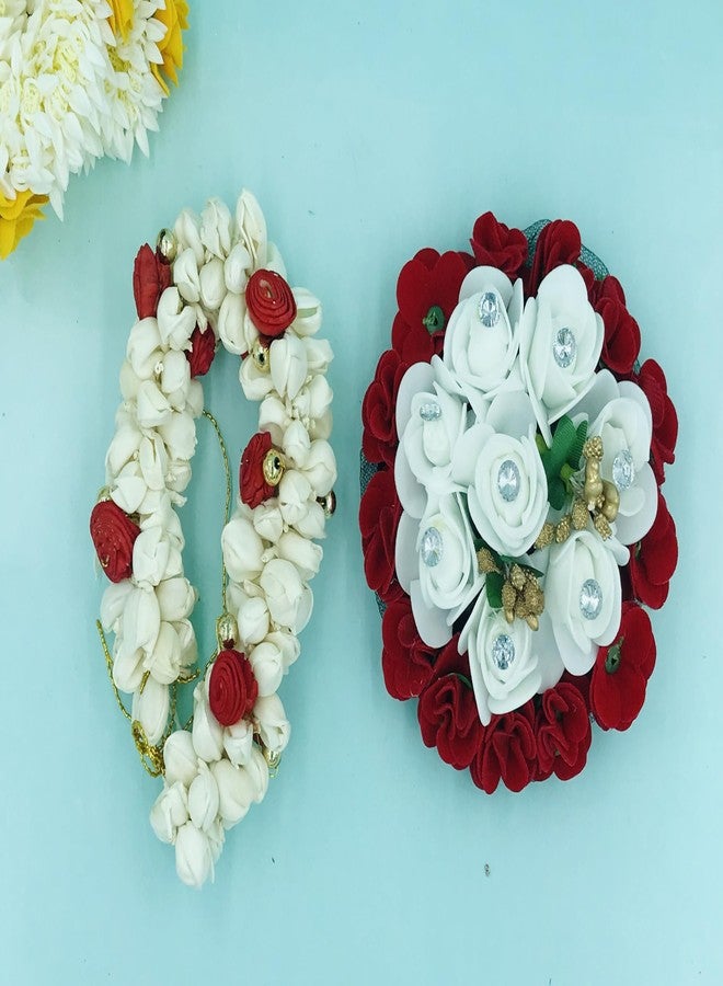 AROOMAN Hair Bun Combo Mogra Artificial Gajra & Full juda Bun for Women in White and Red Pack-02 - Image 3