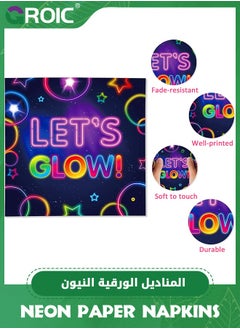 GROIC Glow Neon Party Supplies,60 Pcs Glow Party Napkins Neon Glow in the Dark Dessert Lunch Dinner Tableware,Let's Glow Theme Wedding Birthday Baby Shower Party Supplies,Disposable Paper Napkin Set  - Image 2