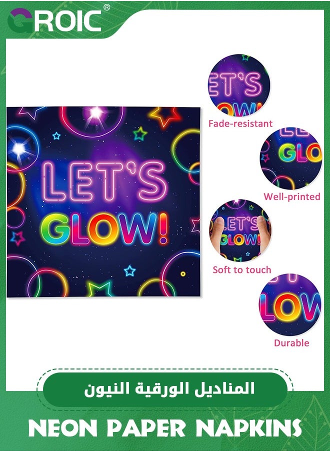 GROIC Glow Neon Party Supplies,60 Pcs Glow Party Napkins Neon Glow in the Dark Dessert Lunch Dinner Tableware,Let's Glow Theme Wedding Birthday Baby Shower Party Supplies,Disposable Paper Napkin Set  - Image 2