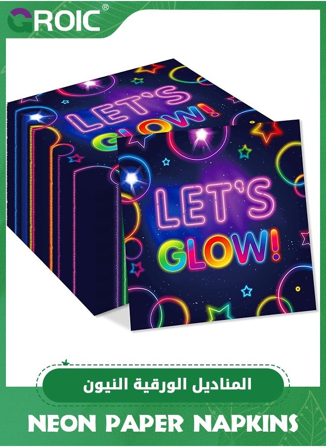 GROIC Glow Neon Party Supplies,60 Pcs Glow Party Napkins Neon Glow in the Dark Dessert Lunch Dinner Tableware,Let's Glow Theme Wedding Birthday Baby Shower Party Supplies,Disposable Paper Napkin Set  - Image 1