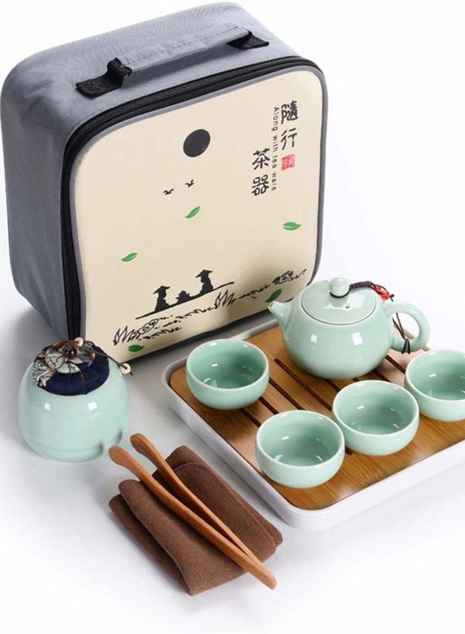Hoobar Ceramic Kungfu Tea Set Travel Tea Set with Portable Teapot/Teacups/Tea Canister/Tea Tray and Travel Bag,Suitable for Travel/Home/Outdoor and Office (Peak Green) - Image 1