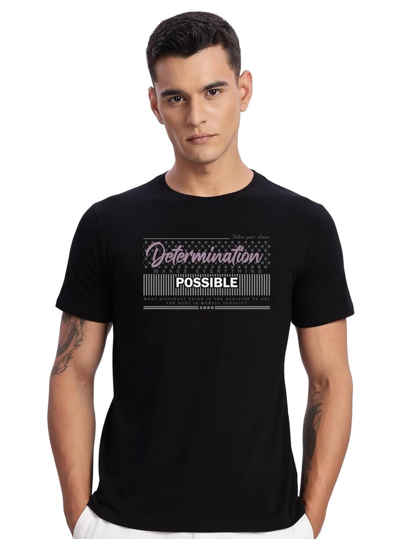 ADRO Men's Printed T-Shirt - Premium Lycra Cotton Regular Fit Black Tee - Image 1