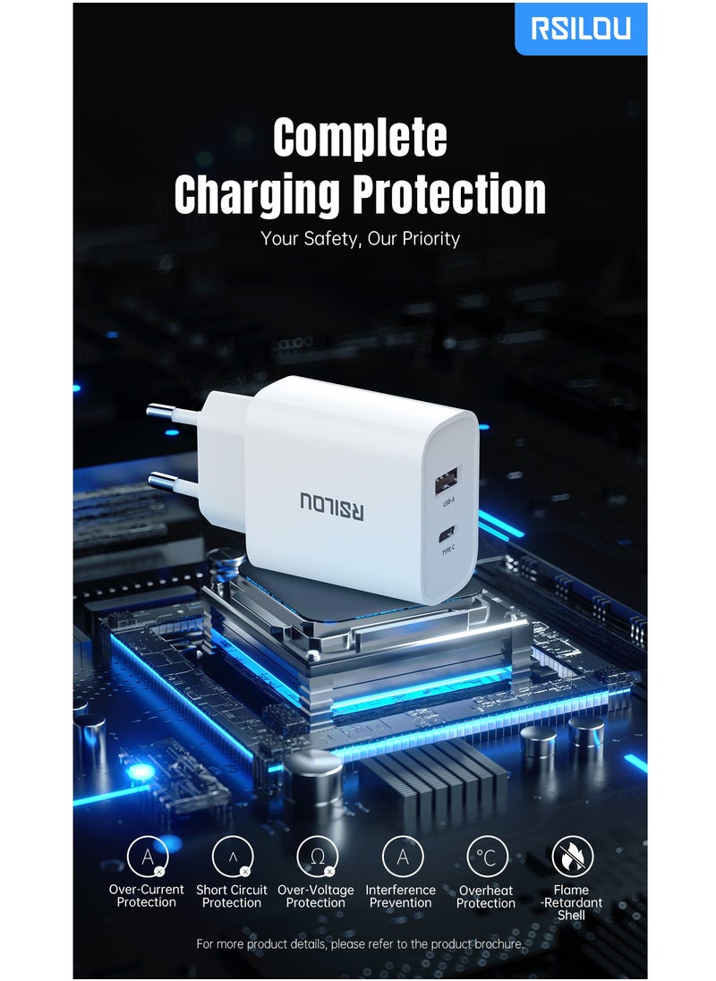 rsilou - R4242 Dual Port 20W Fast Charger, each port 20W, USB-A and USB-C, Power Two Devices at Once, Supports apple and all smartphones, tablets, Bluetooth headphones, and more, MultiProtect Protection - Image 1