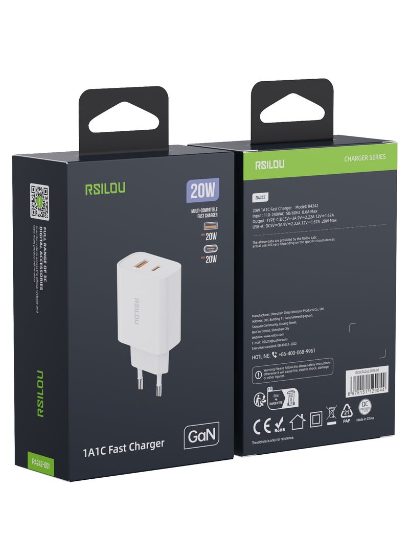rsilou - R4242 Dual Port 20W Fast Charger, each port 20W, USB-A and USB-C, Power Two Devices at Once, Supports apple and all smartphones, tablets, Bluetooth headphones, and more, MultiProtect Protection - Image 1