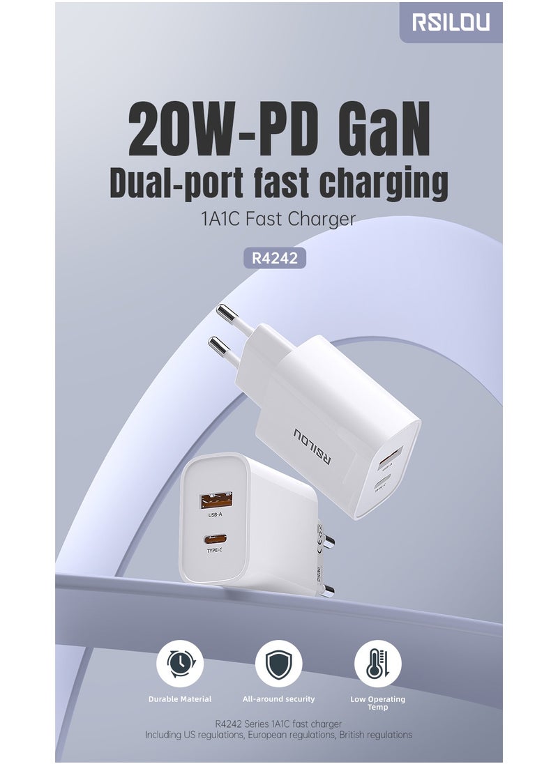rsilou - R4242 Dual Port 20W Fast Charger, each port 20W, USB-A and USB-C, Power Two Devices at Once, Supports apple and all smartphones, tablets, Bluetooth headphones, and more, MultiProtect Protection - Image 1