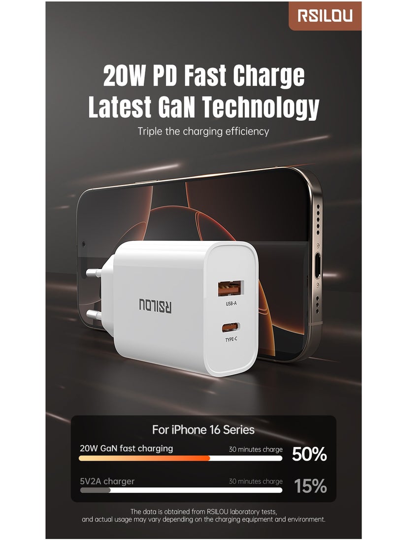 rsilou - R4242 Dual Port 20W Fast Charger, each port 20W, USB-A and USB-C, Power Two Devices at Once, Supports apple and all smartphones, tablets, Bluetooth headphones, and more, MultiProtect Protection - Image 1