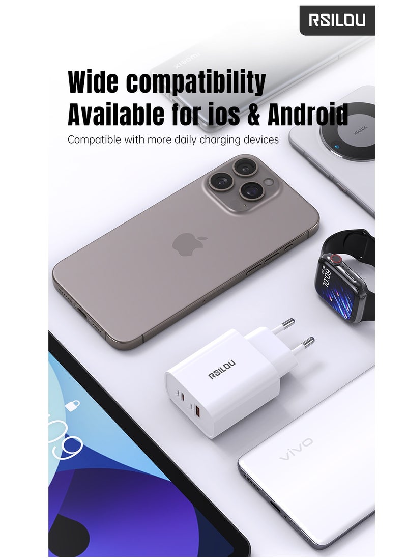 rsilou - R4242 Dual Port 20W Fast Charger, each port 20W, USB-A and USB-C, Power Two Devices at Once, Supports apple and all smartphones, tablets, Bluetooth headphones, and more, MultiProtect Protection - Image 1