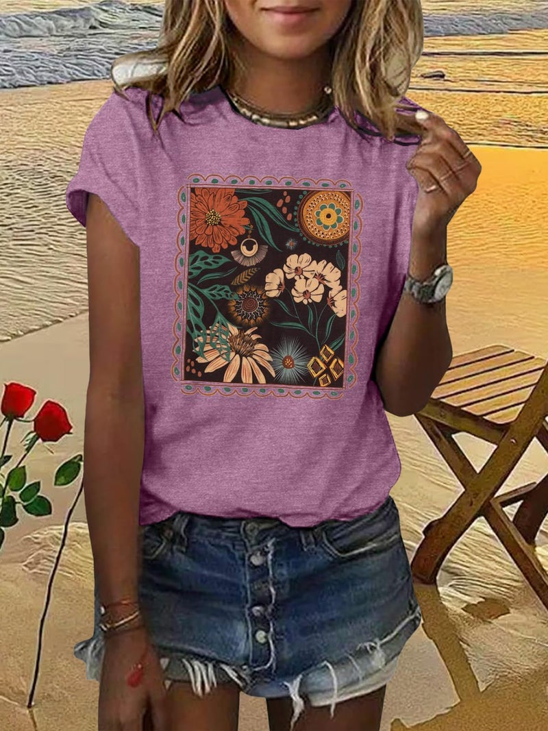 GEMLON Womens Floral Shirts Casual Wildflower Graphic Tees Short Sleeve Shirts Summer Tops - Image 2