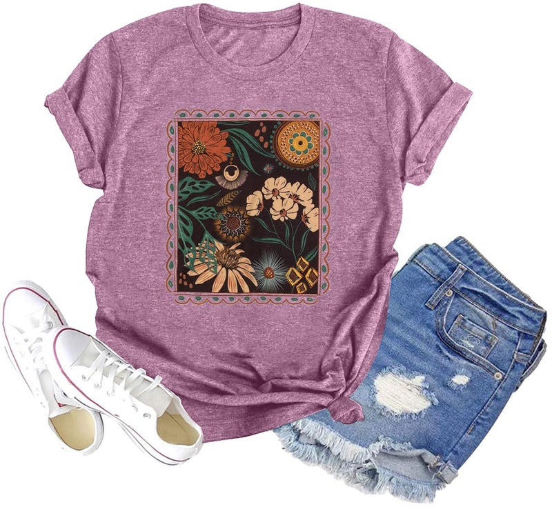 GEMLON Womens Floral Shirts Casual Wildflower Graphic Tees Short Sleeve Shirts Summer Tops - Image 1