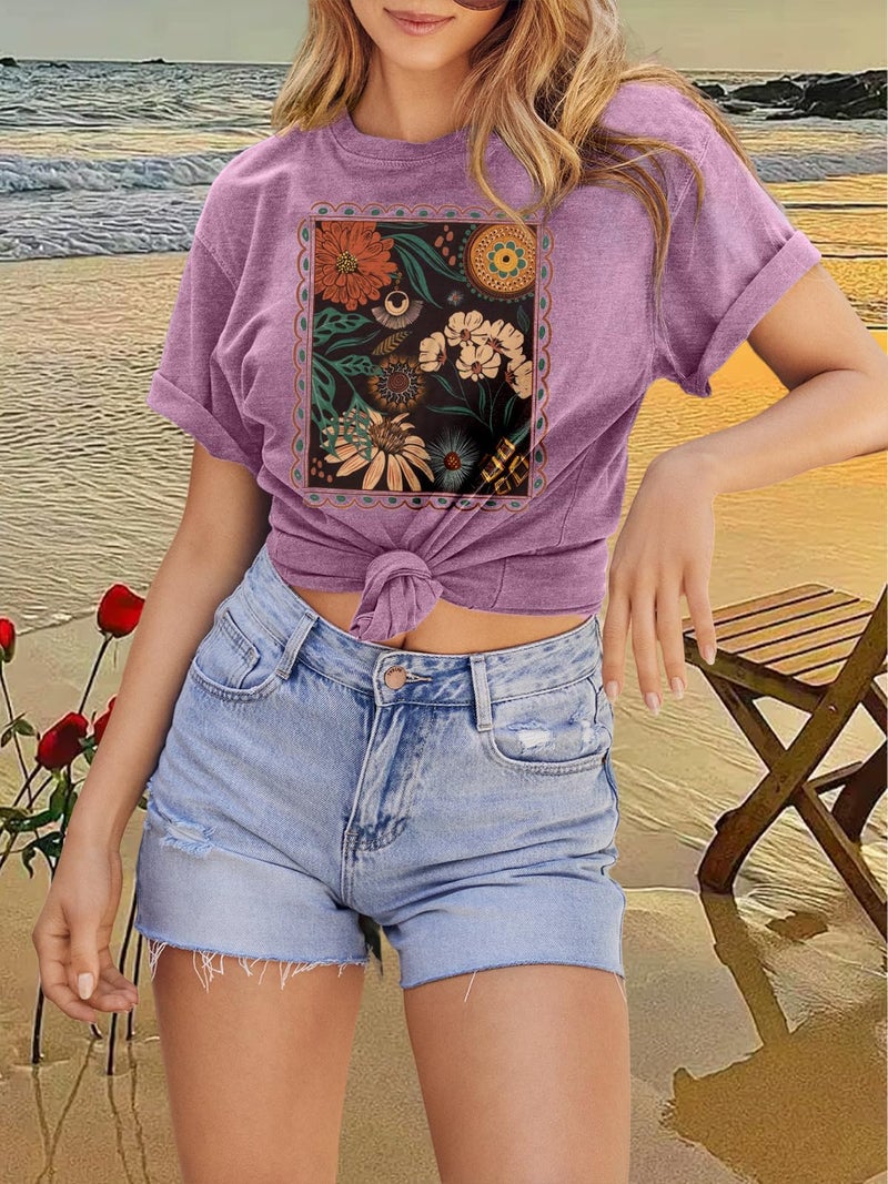 GEMLON Womens Floral Shirts Casual Wildflower Graphic Tees Short Sleeve Shirts Summer Tops - Image 4