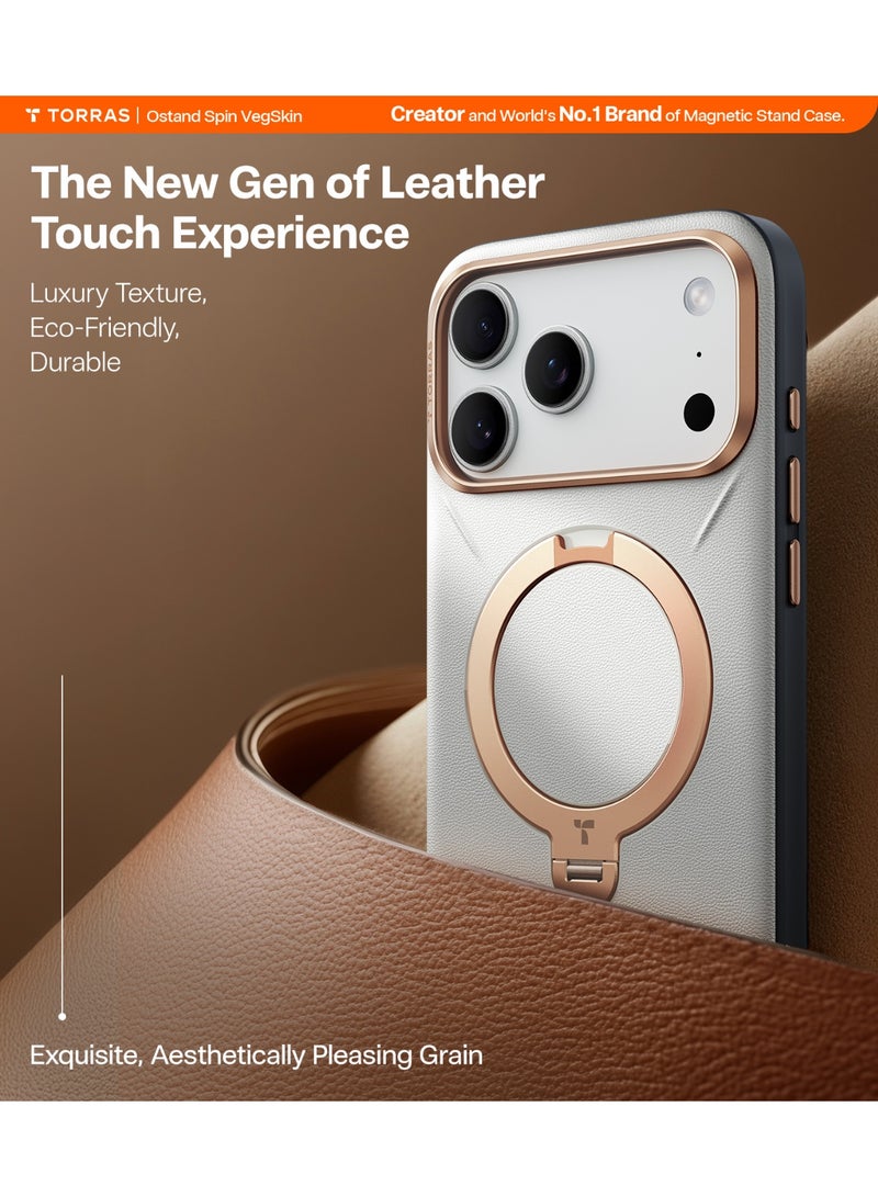 غطاء Ostand Spin VegSkin لسلسلة iPhone 17 Pro Max (6.9 بوصة) 2025 - حامل مغناطيسي، لمسة جلدية فاخرة، حامل معدني رفيع قابل للدوران 360°، متوافق مع MagSafe، مضاد للبقع، غطاء نحيف وخفيف الوزن - - Image 3