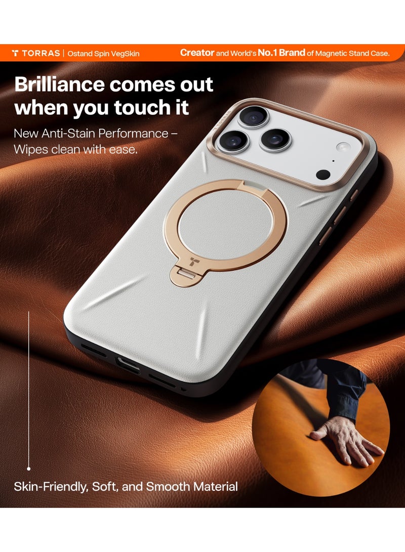 غطاء Ostand Spin VegSkin لسلسلة iPhone 17 Pro Max (6.9 بوصة) 2025 - حامل مغناطيسي، لمسة جلدية فاخرة، حامل معدني رفيع قابل للدوران 360°، متوافق مع MagSafe، مضاد للبقع، غطاء نحيف وخفيف الوزن - - Image 5