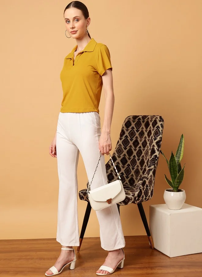 MINT STREET Mustard Slim Fit Polo Collar T-Shirt for Women