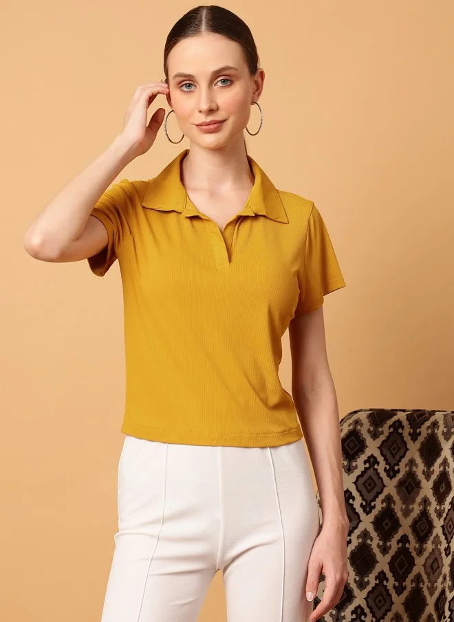 MINT STREET Mustard Slim Fit Polo Collar T-Shirt for Women