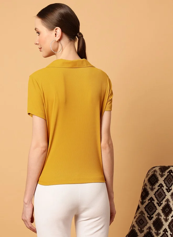 MINT STREET Mustard Slim Fit Polo Collar T-Shirt for Women