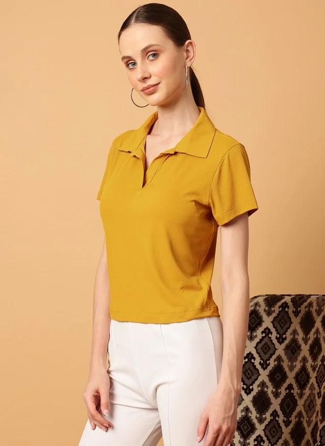 MINT STREET Mustard Slim Fit Polo Collar T-Shirt for Women