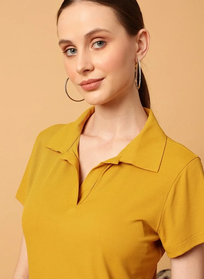 MINT STREET Mustard Slim Fit Polo Collar T-Shirt for Women