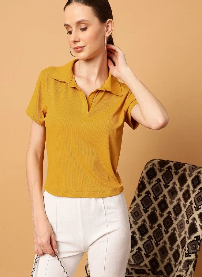 MINT STREET Mustard Slim Fit Polo Collar T-Shirt for Women