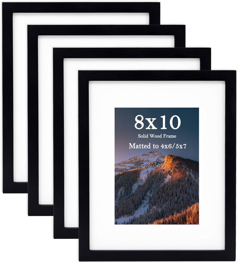 eletecpro 8x10 Picture Frame 4 Pack Made of Solid Wood and Strong Real Glass Display 4x6 and 5x7 Photos with Mat or 8x10 without Mat Home Decor for Wall and Tabletop Gallery Gift Set Black