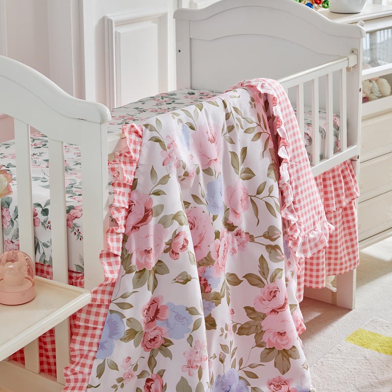 Uozzi Bedding 3 Pieces Flowers Crib Bedding Set Baby Ruffled Quilted Comforter with Fitted Sheet and Bed Skirt - Cute Ruffled Shabby Chic Baby Bedding Soft Blanket Floral Design - Image 3